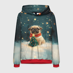 Толстовка-худи мужская Мопс и маленькая елочка, цвет: 3D-красный
