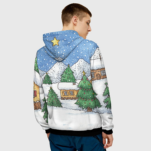 Мужская толстовка Домики и елки - новый год / 3D-Черный – фото 4