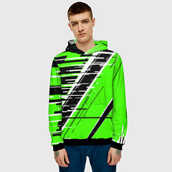 Толстовка-худи мужская Чёрно-белые глитч полосы на зелёном фоне, цвет: 3D-черный — фото 2