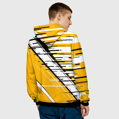 Мужская толстовка Чёрно-белые глитч полосы на жёлтом фоне / 3D-Черный – фото 4