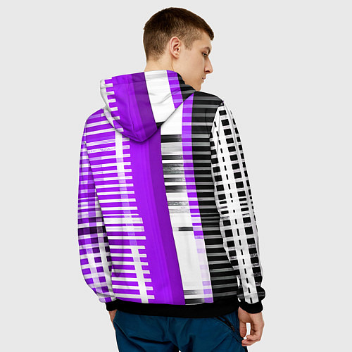 Мужская толстовка Белые полосы на чёрно-фиолетовом фоне / 3D-Черный – фото 4