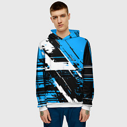 Толстовка-худи мужская Diagonal black and white stripes on a blue backgro, цвет: 3D-белый — фото 2