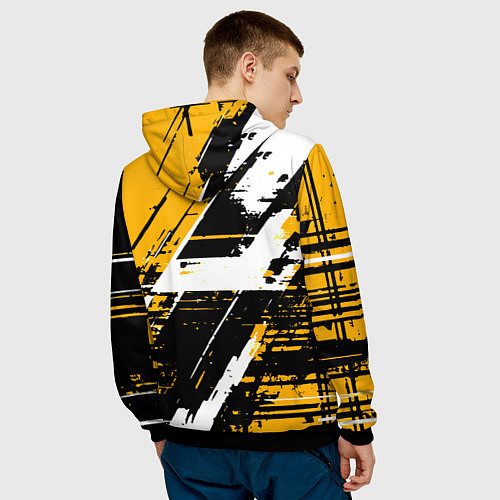 Мужская толстовка Diagonal black and white stripes on a yellow backg / 3D-Черный – фото 4