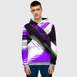 Толстовка-худи мужская Диагональные фиолетово-чёрные линии на белом фоне, цвет: 3D-меланж — фото 2