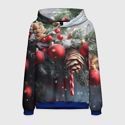 Толстовка-худи мужская Новогодние украшения на ветках, цвет: 3D-синий