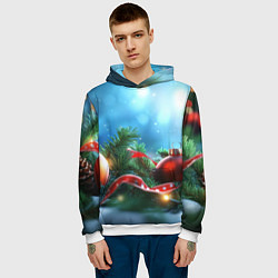 Толстовка-худи мужская Красные игрушки новогодние, цвет: 3D-белый — фото 2