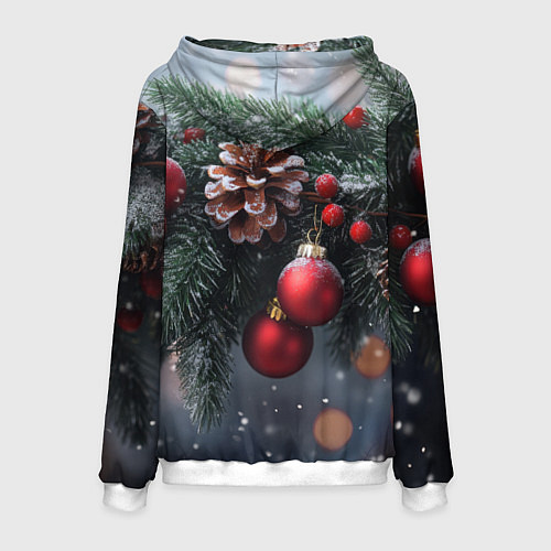 Мужская толстовка Красные игрушки на елке и шишки / 3D-Белый – фото 2