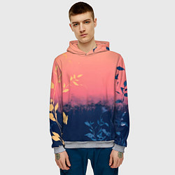 Толстовка-худи мужская Листья на сине-розовом фоне - нейросеть, цвет: 3D-меланж — фото 2