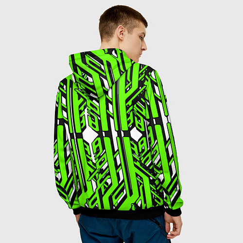 Мужская толстовка Чёрно-зелёные техно полосы на белом фоне / 3D-Черный – фото 4
