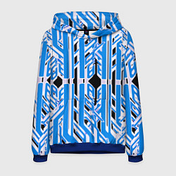 Толстовка-худи мужская Бело-синие техно полосы на чёрном фоне, цвет: 3D-синий