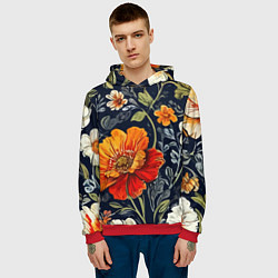 Толстовка-худи мужская Маки и пионы старинный паттерн, цвет: 3D-красный — фото 2