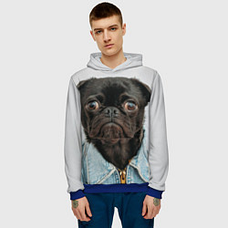 Толстовка-худи мужская Мопс в джинсовке - голова групно, цвет: 3D-синий — фото 2