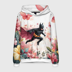 Толстовка-худи мужская Бэтмен прыгает над цветами и бабочками, цвет: 3D-белый