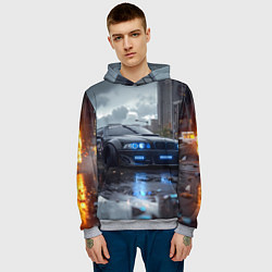 Толстовка-худи мужская BMW синие фары дождливая погода, цвет: 3D-меланж — фото 2