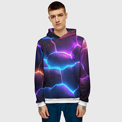 Толстовка-худи мужская Синие и фиолетовые молнии в разломе, цвет: 3D-белый — фото 2