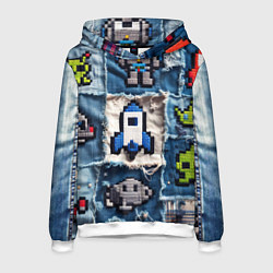 Толстовка-худи мужская Космический пиксельный корабль, цвет: 3D-белый