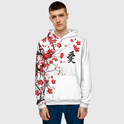 Толстовка-худи мужская Сакура с иероглифом Любовь, цвет: 3D-белый — фото 2