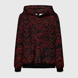 Толстовка-худи мужская Чёрный с красными волнистыми линиями абстракция, цвет: 3D-черный