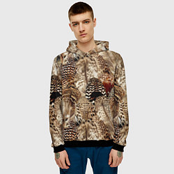 Толстовка-худи мужская Разные перья птиц - коричнево-бежевый паттерн, цвет: 3D-черный — фото 2