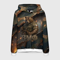Толстовка-худи мужская ВМФ медведь у штурвала на фоне камуфляжа, цвет: 3D-белый