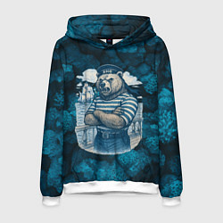 Толстовка-худи мужская Медведь ВМФ в тельняшке, цвет: 3D-белый