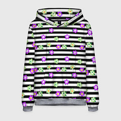 Толстовка-худи мужская Фиолетовые зеленый цветы на черно белом полосатом, цвет: 3D-меланж