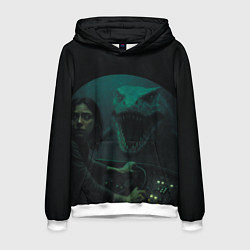 Толстовка-худи мужская Тилозавр нападает на батискаф с девушкой ужасы, цвет: 3D-белый