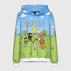 Толстовка-худи мужская Queen мультяшный стиль на поляне, цвет: 3D-белый