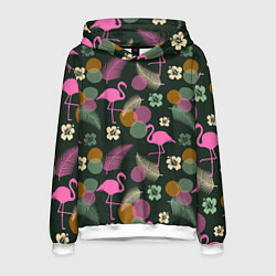 Толстовка-худи мужская Фламинго и листья на темно-зеленом, цвет: 3D-белый