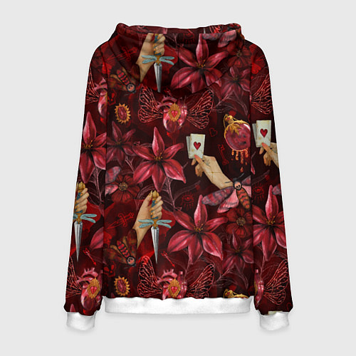 Мужская толстовка Бордовая готика с сердцем, лилиями и мотыльками / 3D-Белый – фото 2