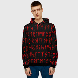 Толстовка-худи мужская Красные символы древних рун крупные - паттерн, цвет: 3D-черный — фото 2