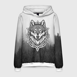 Толстовка-худи мужская Волк в кельтском стиле и лес, цвет: 3D-белый