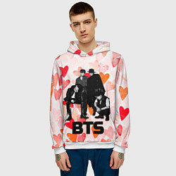 Толстовка-худи мужская BTS на фоне сердечек, цвет: 3D-белый — фото 2