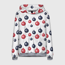 Толстовка-худи мужская Синие и красные новогодние шары со снежинками, цвет: 3D-меланж