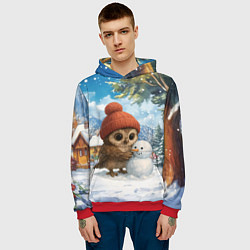 Толстовка-худи мужская Совушка в шапочке лепит снеговика, цвет: 3D-красный — фото 2