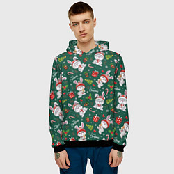 Толстовка-худи мужская Новогодние зайчики, цвет: 3D-черный — фото 2