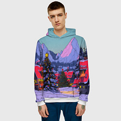 Толстовка-худи мужская Новогодние елки в горном городке, цвет: 3D-белый — фото 2