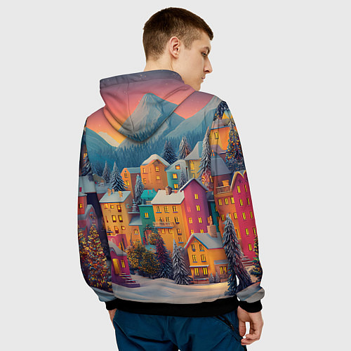 Мужская толстовка Новогодний город в горах / 3D-Черный – фото 4