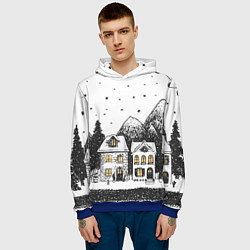 Толстовка-худи мужская Черно-белый новогодний город, цвет: 3D-синий — фото 2