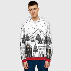 Толстовка-худи мужская Заснеженный черно-белый город, цвет: 3D-красный — фото 2