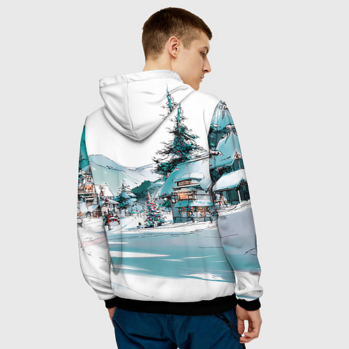 Мужская толстовка Дома и елки - Новый год / 3D-Черный – фото 4