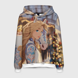 Толстовка-худи мужская Блондинка с новогодней лошадкой, цвет: 3D-белый