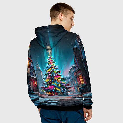 Мужская толстовка Новогодняя елка в гирляндах / 3D-Черный – фото 4