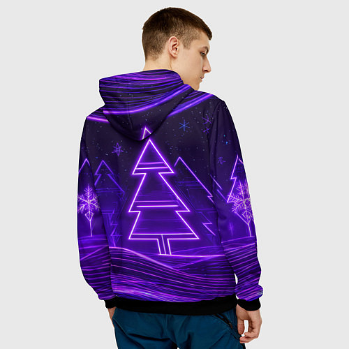 Мужская толстовка 2026 новогодняя лошадка на фоне фиолетовых елок / 3D-Черный – фото 4