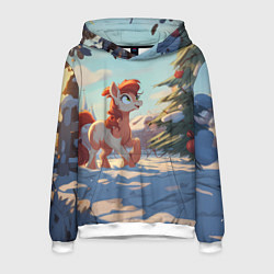 Толстовка-худи мужская Лошадка любуется елкой, цвет: 3D-белый