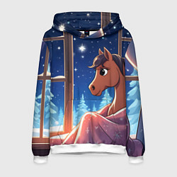 Толстовка-худи мужская Лошадка зимней звездной ночью, цвет: 3D-белый