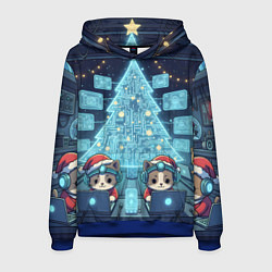 Толстовка-худи мужская Новогодние котики айтишники, цвет: 3D-синий
