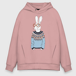 Толстовка оверсайз мужская Кролик в свитере и очках, цвет: пыльно-розовый