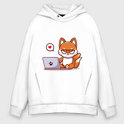 Толстовка оверсайз мужская Cute fox and laptop, цвет: белый