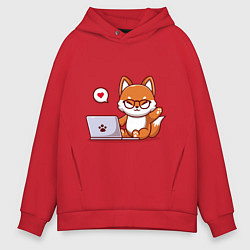 Толстовка оверсайз мужская Cute fox and laptop, цвет: красный